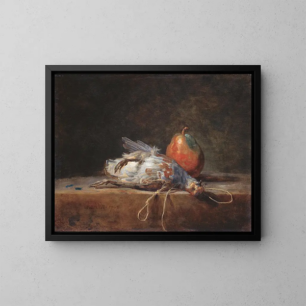 naturtavla med hönsfågel och päron - Jean Siméon Chardin — inramlat konstverk på väggen