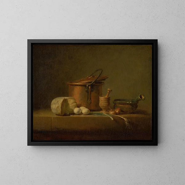 naturtavla med kopparkruka, ost och ägg - Jean Siméon Chardin — inramlat konstverk på väggen
