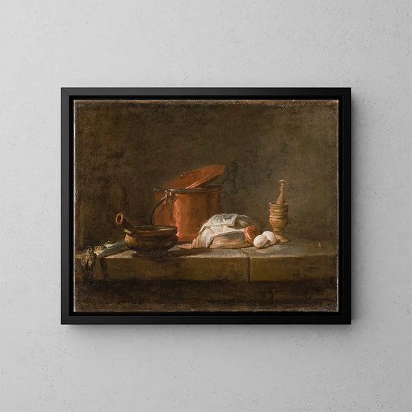 stilleben med köksredskap och grönsaker - Jean Siméon Chardin — inramlat konstverk på väggen