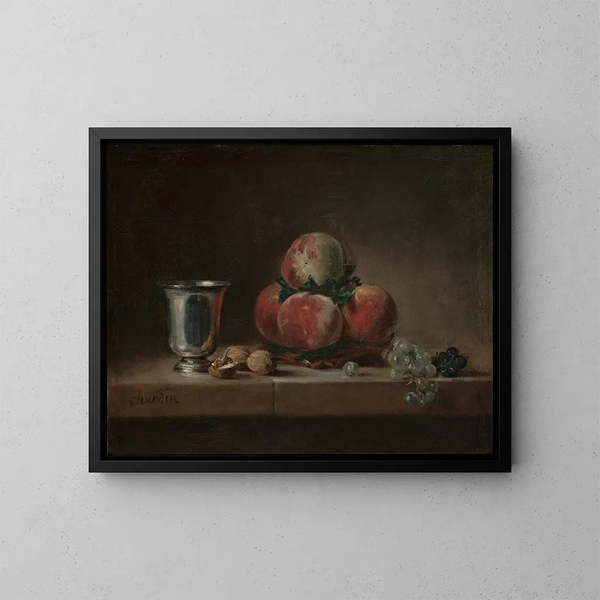 Naturbild med persikor, ett silverglas, druvor och nötter - Jean Siméon Chardin — inramlat konstverk på väggen