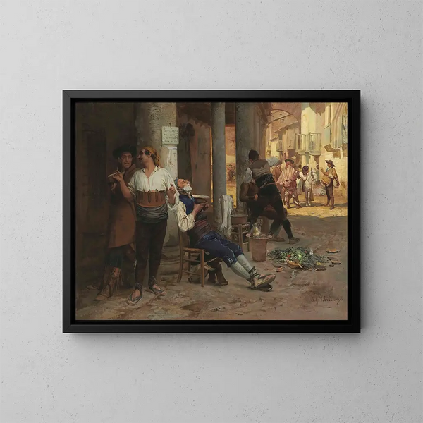 Barbier ambulant i Spanien - Jehan Georges Vibert — inramlat konstverk på väggen