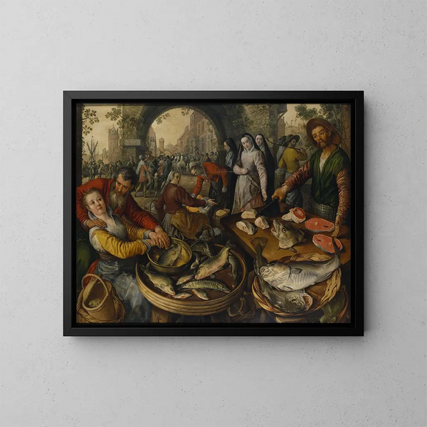 Fiskmarknad med Ecce Homo - Joachim Beuckelaer — inramlat konstverk på väggen