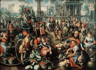 Scen av marknad, Ecce Homo, flagellationen och bärandet av korset - Joachim Beuckelaer — vy av konstverket