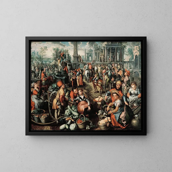 Scen av marknad, Ecce Homo, flagellationen och bärandet av korset - Joachim Beuckelaer — inramlat konstverk på väggen