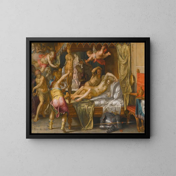 Mars och Venus överraskade av Vulcan - Joachim Wtewael — inramlat konstverk på väggen