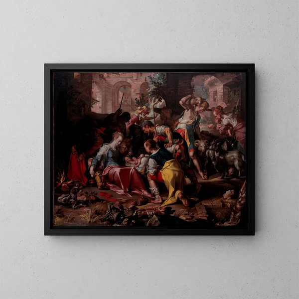 L'Adoration des bergers - Joachim Wtewael — inramlat konstverk på väggen