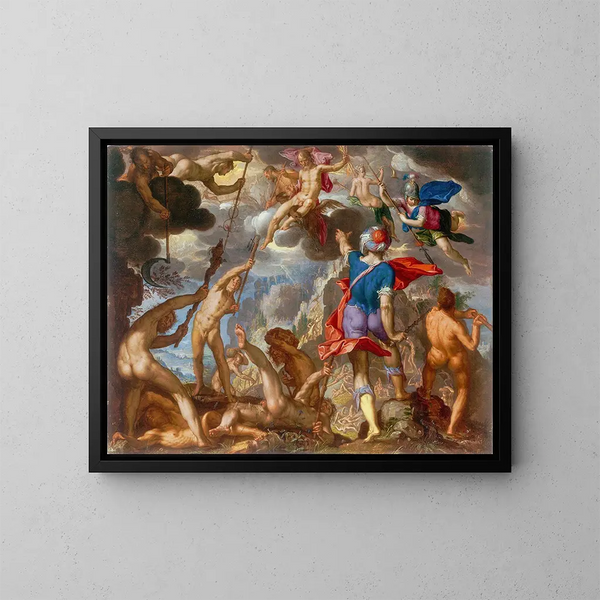 La bataille entre les dieux et les géants - Joachim Wtewael — inramlat konstverk på väggen