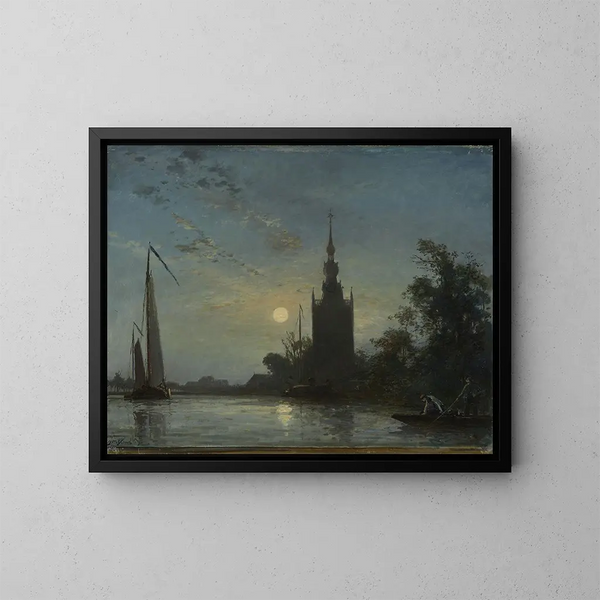 Längd: 60 cm, Höjd: 50 cm, Material: Olja på duk, Skapad av Johan Barthold Jongkind, Titel: Overschie kyrka — inramlat konstverk på väggen