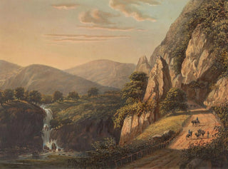Johan Conrad Greive - Gezicht op een waterval en landweg in Preanger op Java In het Sumandansche.webp