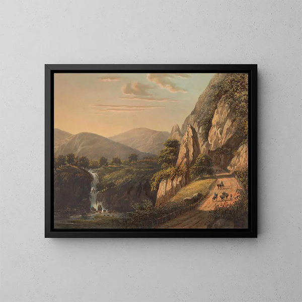 Vue d'une cascade et d'un chemin rural à Preanger sur Java dans le Sumandansche - Johan Conrad Greive — inramlat konstverk på väggen
