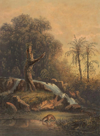 Johan Conrad Greive - Landschap met waterval en drinkend luipaard Woest landschap oosthoek van Java.webp