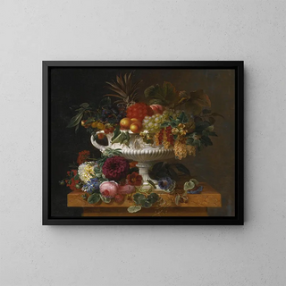 Johan Laurentz Jensen - A Classical Urn with Gooseberries Apricots Currents Cherries Peaches and Pineapple set on a Flower Covered Plinth.webp
