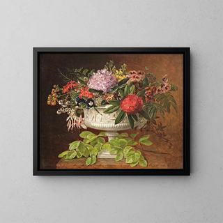 Johan Laurentz Jensen - Flowers in a centrepiece on a marble windowsill with a beech branch.webp