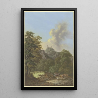 Johann Albrecht Friedrich Rauscher - Waldtal mit Blick auf eine Burgruine im Vordergrund eine Hirtin mit drei Rindern und einem Hund.webp
