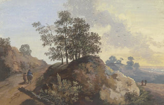 Johann Alexander Thiele - Baumpartie mit Felsen zwischen zwei Wegen links zwei Mnner einer beritten rechts zwei Figuren und Blick in die Ferne.webp