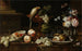 stilleben med blommor och frukter, en papegoja och olika insekter på en kant - Johann Amandus Winck — vy av konstverket