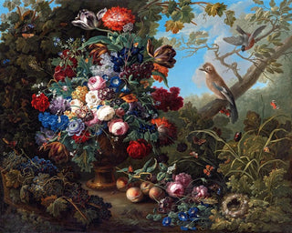 Johann Baptist Drechsler - Groes Blumenstillleben mit Vgeln.webp