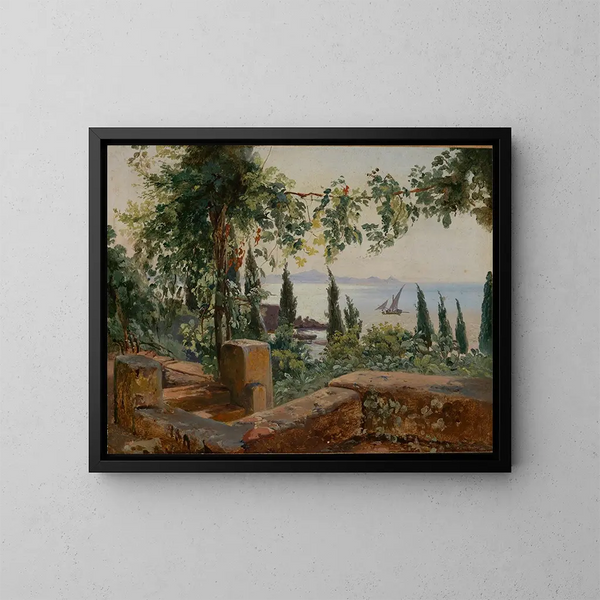 Studie av italiensk landskapsbild med utsikt över havet - Johann Baptist Kirner — inramlat konstverk på väggen