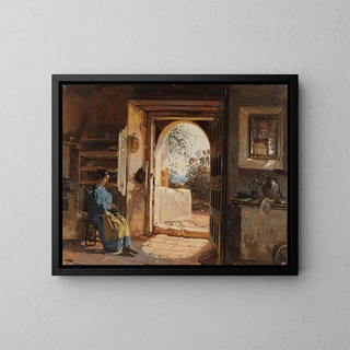Johann Baptist Kirner - Italienische Stube mit einer sitzenden Kaffee mahlenden Frau die den Blick auf Garten und Meer freigibt.webp