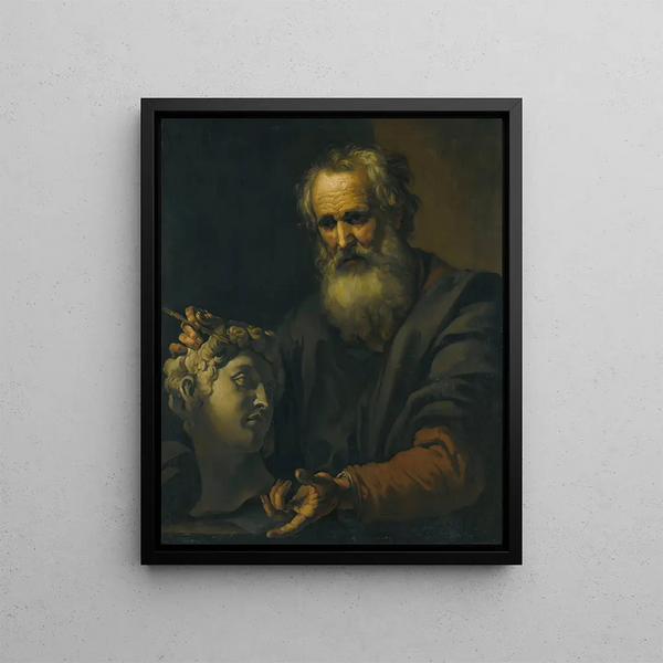En filosof djupt försjunken i sina tankar som håller ett skulpterat huvud - Johann Carl Loth — inramlat konstverk på väggen