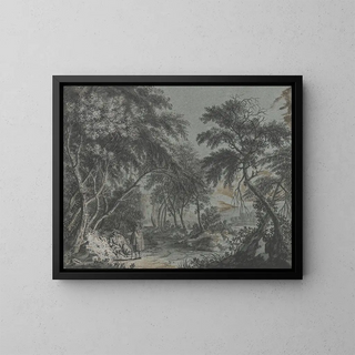 Johann Caspar Zehender - Ausgang aus dem Wald links zwei rastende Wanderer in Mnteln.webp