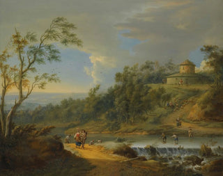 Johann Christian Vollerdt - A River Landscape With Fishermen Dredging A Weir.webp