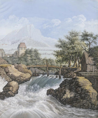 Johann David Passavant - Ein reiender Bach mit einer Brcke und Blick in ein Tal.webp