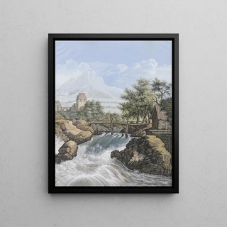 Johann David Passavant - Ein reiender Bach mit einer Brcke und Blick in ein Tal.webp