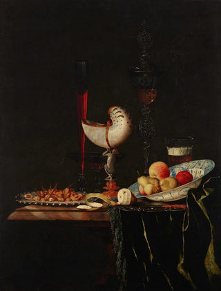 Johann Georg Hinz - A nautilus cup a flute a faondeVenise and a wine and beer glass with nuts on a silver charger.webp