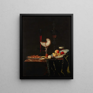 Johann Georg Hinz - A nautilus cup a flute a faondeVenise and a wine and beer glass with nuts on a silver charger.webp