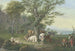 Troupeau campé sous un chêne, à droite berger et bergère prenant leur repas et vue au loin - Johann Georg Pforr — vy av konstverket