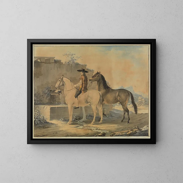 Cavalier med två hästar vid brunnen - Johann Georg Pforr — inramlat konstverk på väggen