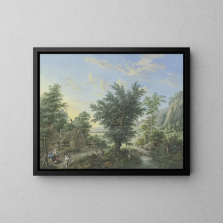 Johann Georg Pforr - Rich landscape with trees meadows and villages in the front left a hut with a well and many figures.webp