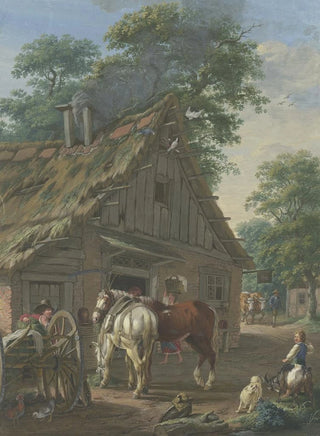 Johann Georg Pforr - Zwei Bauernpferde vor einem Wirtshaus unter Bumen.webp