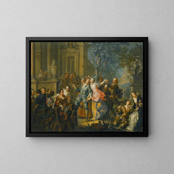 En elegant sällskap som har roligt framför ett palats - Johann Georg Platzer — inramlat konstverk på väggen