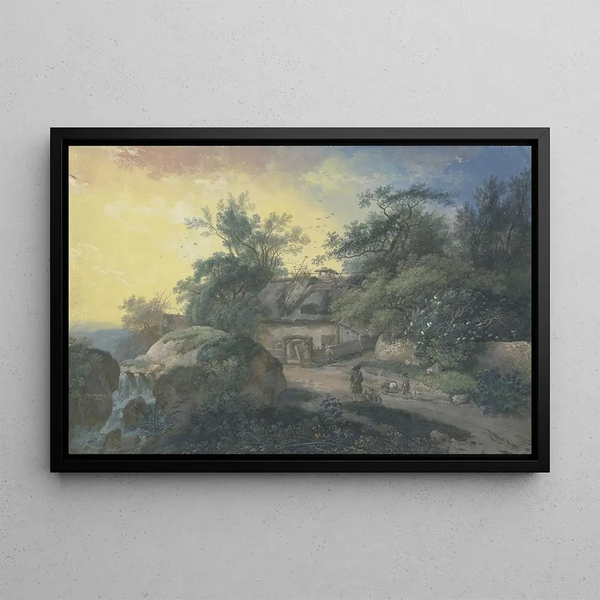 Johann Georg Wagner - Bauernhof mit Staffagefiguren unter Bumen bei einem blhenden Holunderbusch.webp