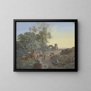 Del av skog och ruin med en båge på en väg med herdar och boskap - Johann Georg Wagner — inramlat konstverk på väggen