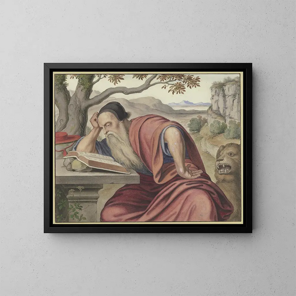 Saint Jérôme läsande i ett landskap - Johann Heinrich Ferdinand Olivier — inramlat konstverk på väggen