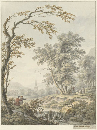 Johann Heinrich Mntz - Landschap met waterval en in de verte een kerk.webp