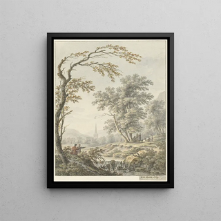 Johann Heinrich Mntz - Landschap met waterval en in de verte een kerk.webp