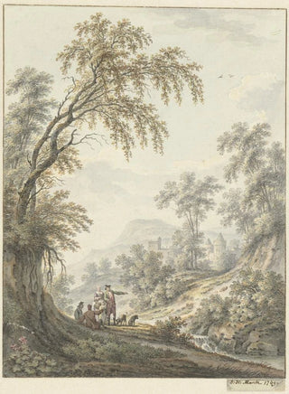 Johann Heinrich Mntz - Landschap met watervalletje en in de verte een kasteel.webp
