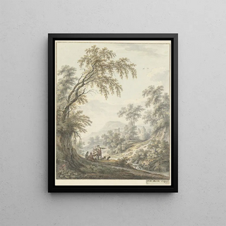 Johann Heinrich Mntz - Landschap met watervalletje en in de verte een kasteel.webp