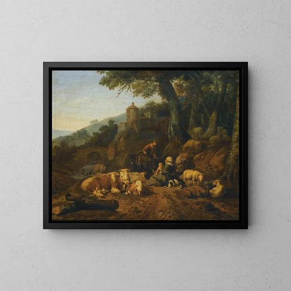 En landskap med förare och deras hjord i vila - Johann Heinrich Roos — inramlat konstverk på väggen