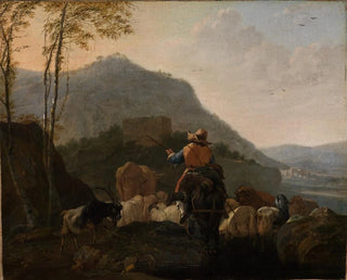 Bergers som lämnar med sin hjord i ett bergigt landskap i söder - Johann Heinrich Roos — vy av konstverket