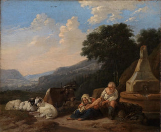 Landskapsbild med bergsgetter nära en brunn - Johann Heinrich Roos — vy av konstverket