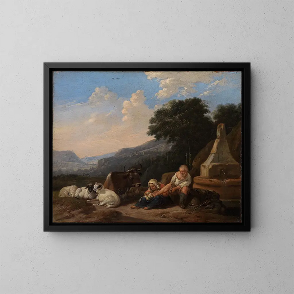 Landskapsbild med bergsgetter nära en brunn - Johann Heinrich Roos — inramlat konstverk på väggen