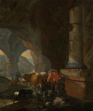 Johann Heinrich Roos - Hirt und Herde in einer Berghhle mit antikem Mauerwerk.webp