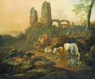La famille de bergers se reposant près d'une ruine antique - Johann Heinrich Roos — vy av konstverket