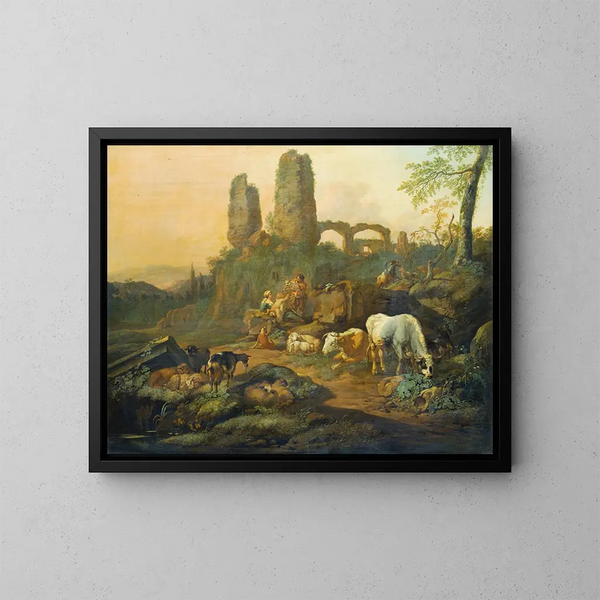 La famille de bergers se reposant près d'une ruine antique - Johann Heinrich Roos — inramlat konstverk på väggen