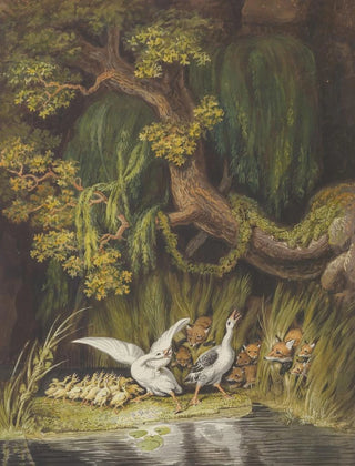 Johann Heinrich Wilhelm Tischbein - A Goose and a Gander with their Goslings Honking in Alarm as Two Foxes with their Cubs Emerge from the Rushes.webp